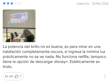 opinión de usuario sobre proyector gadnic mostrando baja luminosidad y dificultad para ver la imagen con luz ambiente