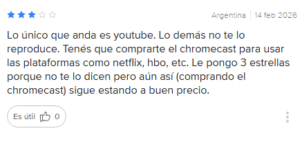 opinión de usuario sobre proyector gadnic indicando que solo funciona youtube y requiere chromecast para usar netflix