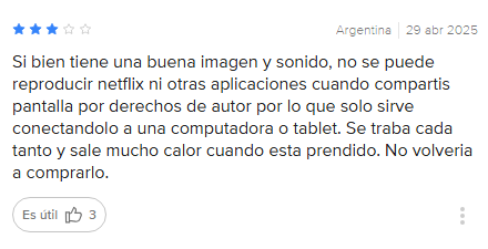 comentario de usuario sobre proyector gadnic con fallas en apps como netflix y problemas de funcionamiento y temperatura