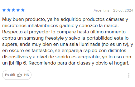 reseña positiva de usuario sobre proyector gadnic resaltando buen rendimiento en espacios iluminados y uso para clases y hogar
