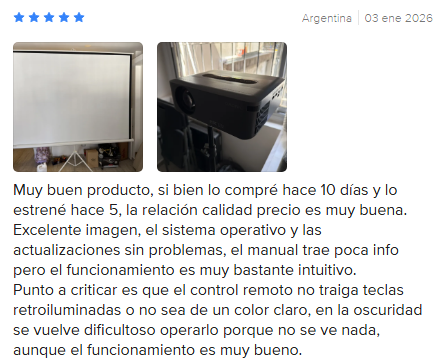 opinión de usuario sobre proyector gadnic destacando buena calidad de imagen y funcionamiento intuitivo con control remoto poco práctico