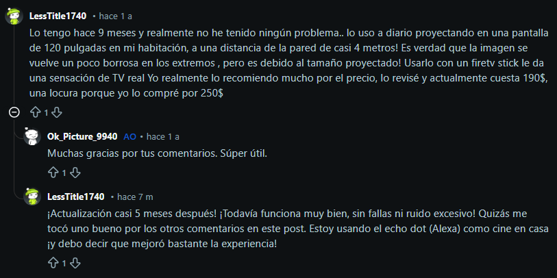 Opinion de usuario sobre proyector wimius en Reddit