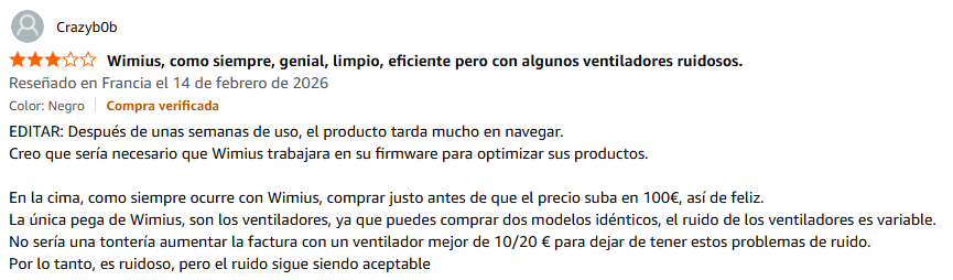 Opinion de usuario sobre proyector wimius en Amazon
