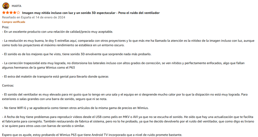 Opinion de usuario sobre proyector wimius