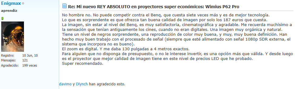 Opinion de usuario sobre proyector wimius en foro