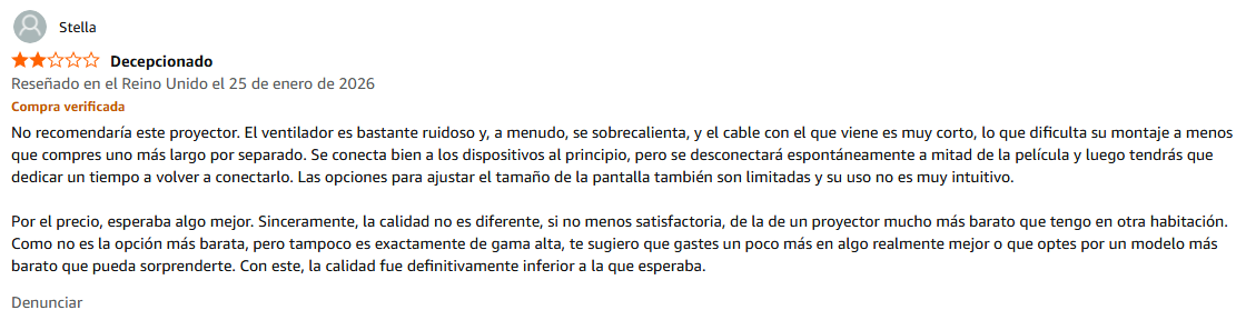 Opinion de usuario sobre proyector wimius en Amazon