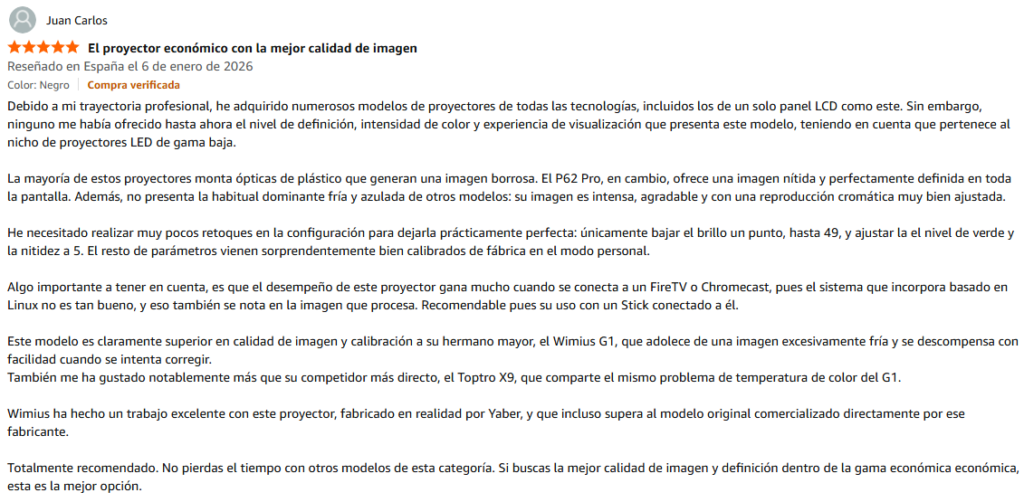 Opinion de usuario sobre proyector wimius p62 pro