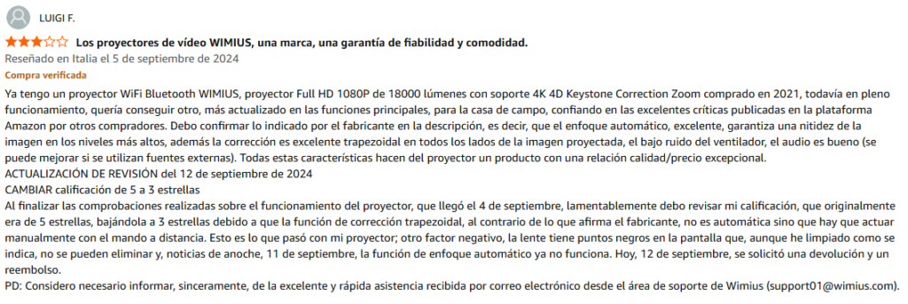 Opinion de usuario sobre proyector wimius p62 pro